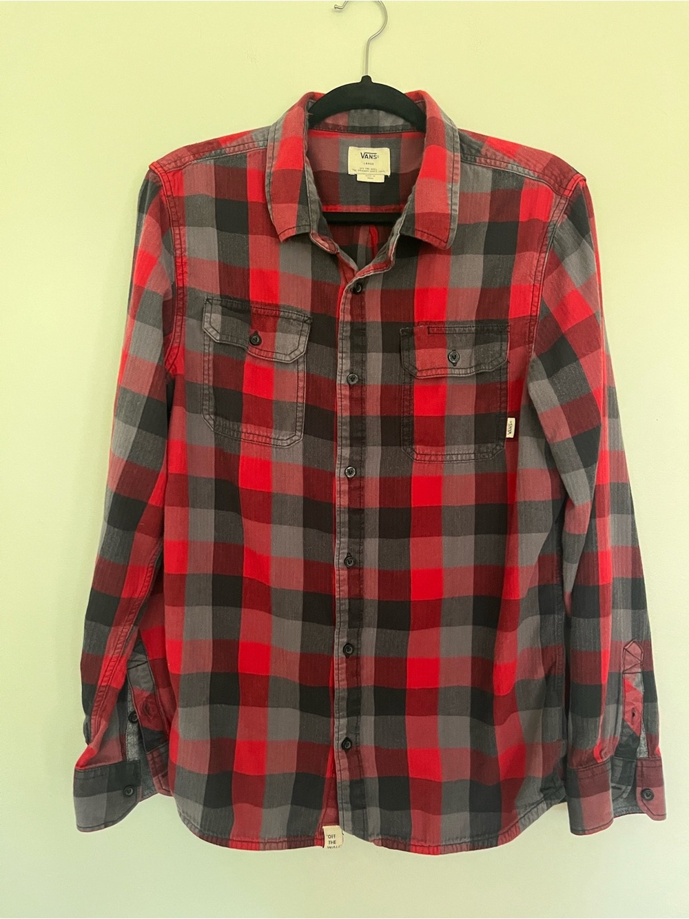 Vans Men’s Red and Gray Plaid Button-Down Shirt